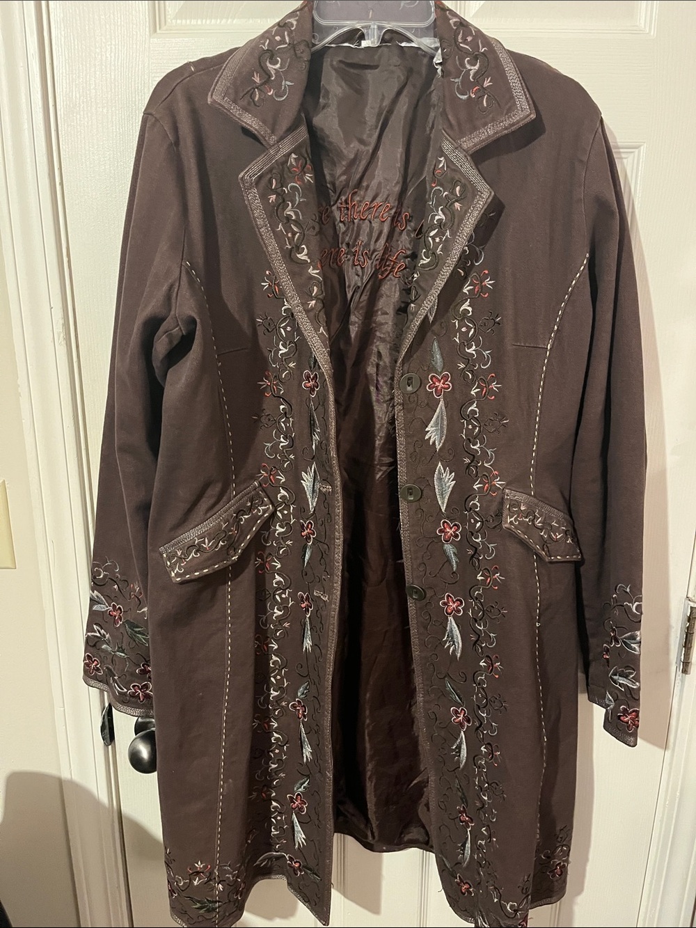 Brown Embroidered Women's Coat - Classic Floral Detail